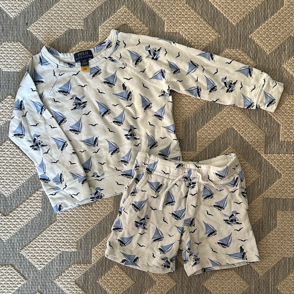 Ralph Lauren Sailboat Print Kids Set - Blue and White